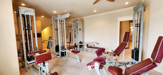 870 Cherry Springs Dr, Tahlequah, OK 74464 - workout area with recessed lighting, ornamental molding, a ceiling fan, and carpet flooring