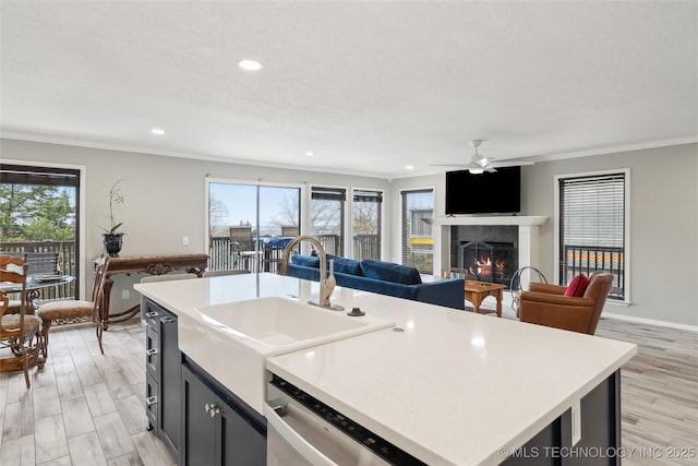 42 Diamond Head Dr Unit 42, Sand Springs, OK 74063 - kitchen featuring stainless steel dishwasher, ornamental molding, ceiling fan, a sink, and a lit fireplace