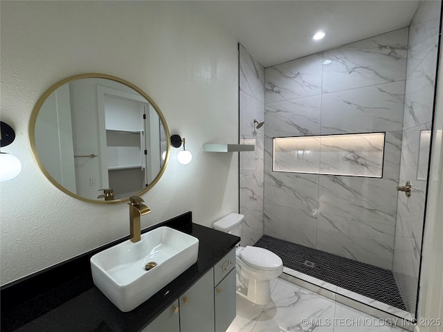 3204 N Hartford Ave, Tulsa, OK 74106 - full bath with vanity, a marble finish shower, recessed lighting, toilet, and marble finish floor