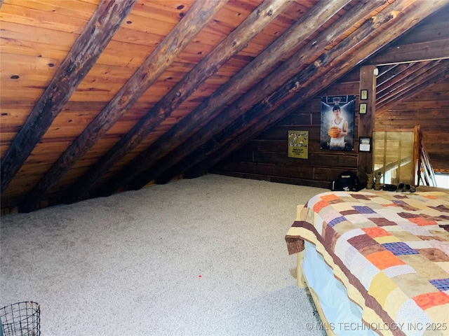 413822 S Sherman, Moyers, OK 74557 - unfurnished bedroom with wooden ceiling, carpet, vaulted ceiling with beams, and wood walls