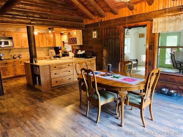413822 S Sherman, Moyers, OK 74557 - dining space with wood ceiling, lofted ceiling with beams, dark wood-style floors, and wooden walls