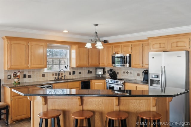 20136 W Chicken Creek Rd, Cookson, OK 74427 - kitchen featuring appliances with stainless steel finishes, a kitchen breakfast bar, ornamental molding, dark countertops, and tasteful backsplash