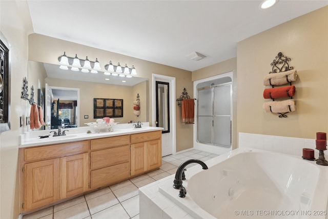 20136 W Chicken Creek Rd, Cookson, OK 74427 - bathroom with a jetted tub, double vanity, a stall shower, and tile patterned floors