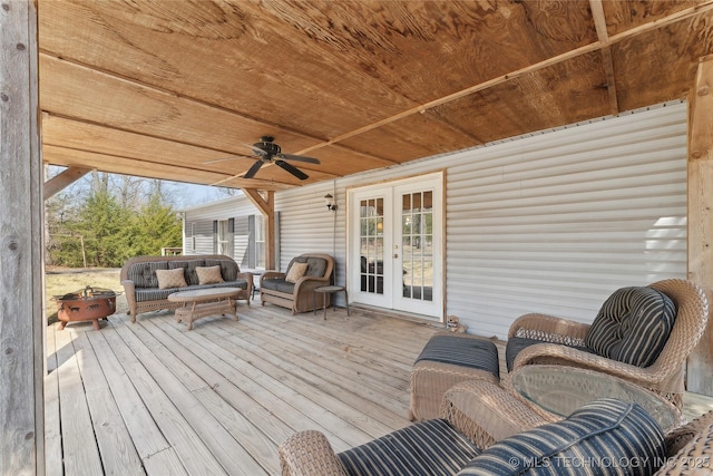 20136 W Chicken Creek Rd, Cookson, OK 74427 - wooden terrace featuring french doors, outdoor lounge area, and a ceiling fan