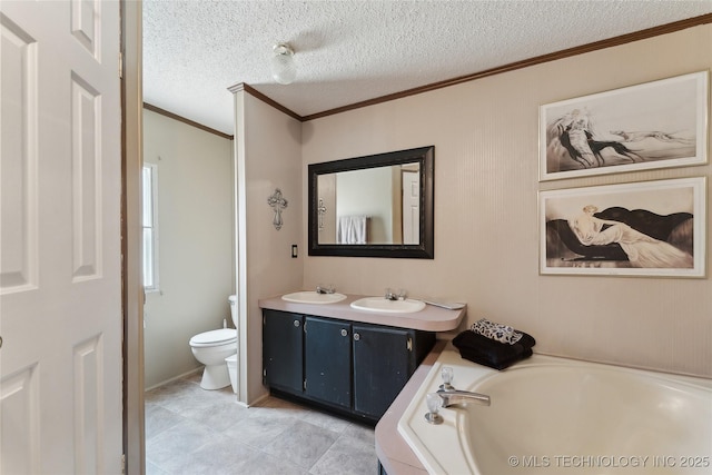 20136 W Chicken Creek Rd, Cookson, OK 74427 - full bath featuring ornamental molding, a garden tub, double vanity, a textured ceiling, and tile patterned floors