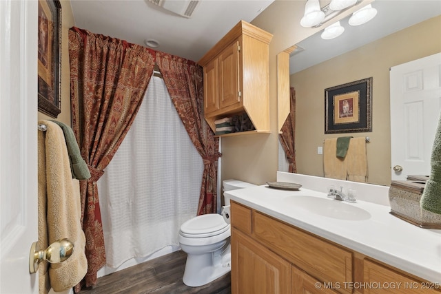 20136 W Chicken Creek Rd, Cookson, OK 74427 - bathroom featuring vanity, wood finished floors, and curtained shower
