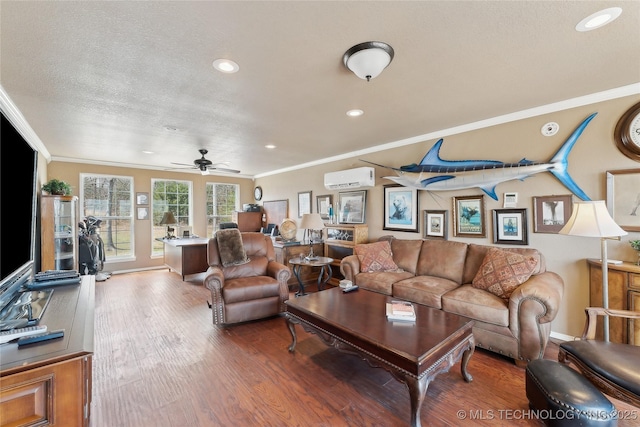 20136 W Chicken Creek Rd, Cookson, OK 74427 - living area with an AC wall unit, wood finished floors, ornamental molding, a ceiling fan, and recessed lighting