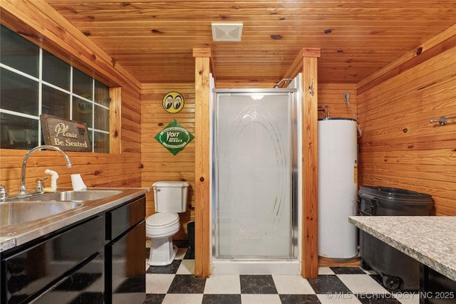 20136 W Chicken Creek Rd, Cookson, OK 74427 - full bath with water heater, tile patterned floors, vanity, wooden walls, and wood ceiling