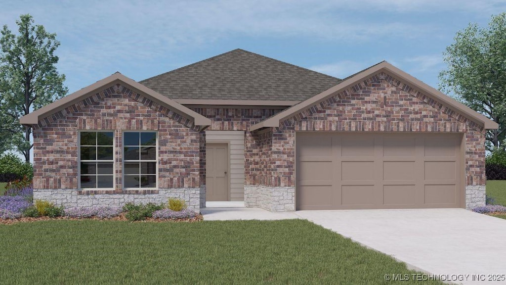 13502 S 102nd E Ave, Bixby, OK 74014 - view of front of property featuring concrete driveway, a front yard, brick siding, a garage, and a shingled roof