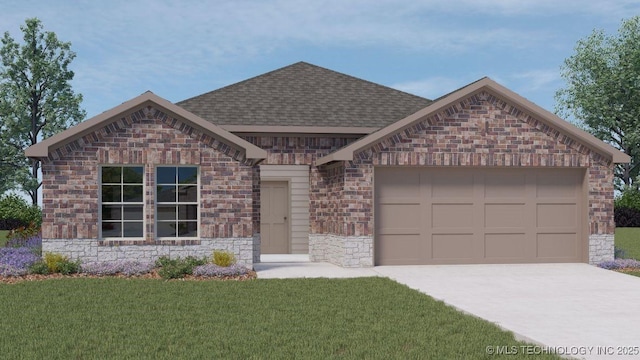 13502 S 102nd E Ave, Bixby, OK 74014 - view of front of property featuring concrete driveway, a front yard, brick siding, a garage, and a shingled roof