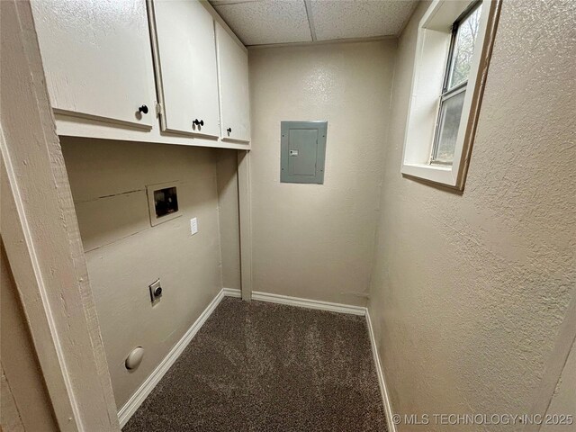 112 S 7th St, Eufaula, OK 74432 - washroom featuring carpet flooring, electric panel, cabinet space, baseboards, and washer hookup