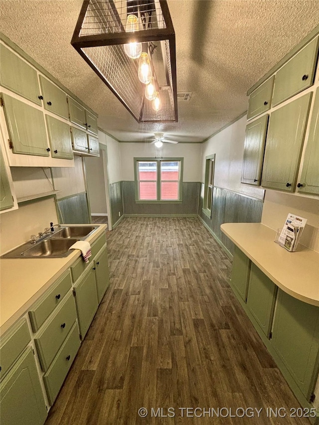 112 S 7th St, Eufaula, OK 74432 - kitchen with green cabinets, a textured ceiling, dark wood-style floors, a sink, and light countertops