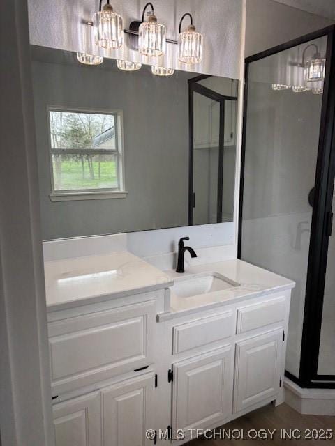 bathroom with vanity and a shower stall
