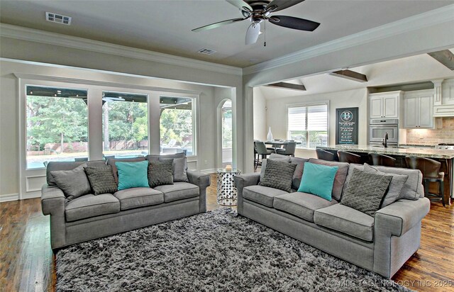 7415 E 109th St S, Tulsa, OK 74133 - living area with visible vents, ornamental molding, and dark wood-type flooring