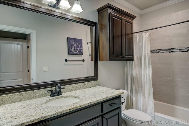 7415 E 109th St S, Tulsa, OK 74133 - full bath featuring shower / tub combo with curtain, ornamental molding, toilet, and vanity