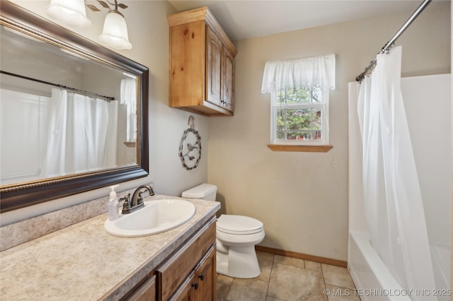 full bath with baseboards, toilet, tile patterned flooring, and vanity