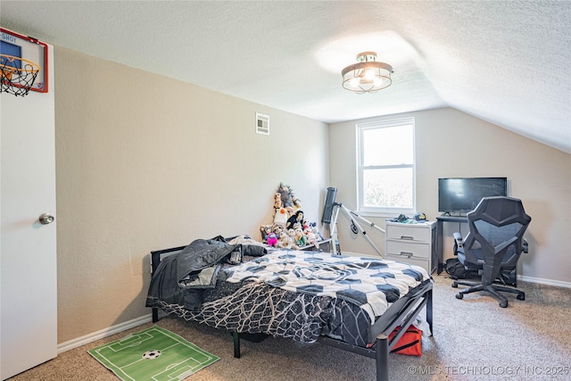 bedroom with a textured ceiling, visible vents, carpet floors, baseboards, and lofted ceiling