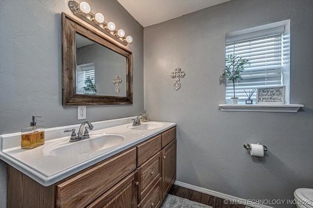bathroom with double vanity, a sink, baseboards, and wood finished floors