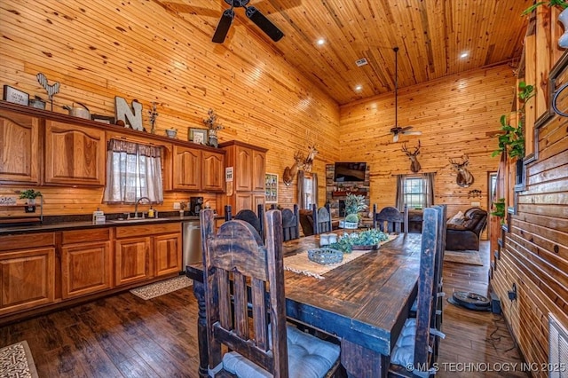 dining room with wooden ceiling, ceiling fan, and dark wood-type flooring