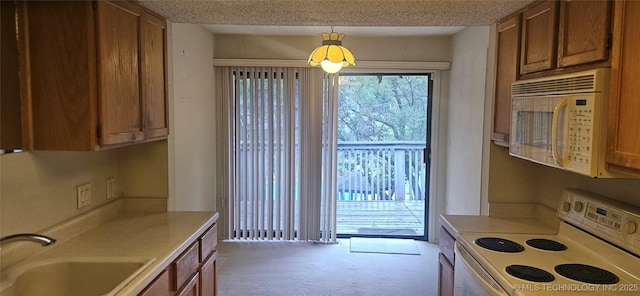 7502 S Winston Pl Unit 203, Tulsa, OK 74136 - kitchen with white appliances, a sink, brown cabinets, carpet, and light countertops