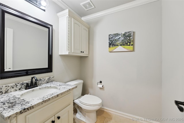 19672 E 69th St N, Owasso, OK 74055 - bathroom featuring crown molding, toilet, vanity, and baseboards