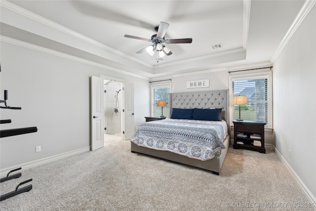 19672 E 69th St N, Owasso, OK 74055 - bedroom featuring a raised ceiling, carpet floors, ornamental molding, and baseboards