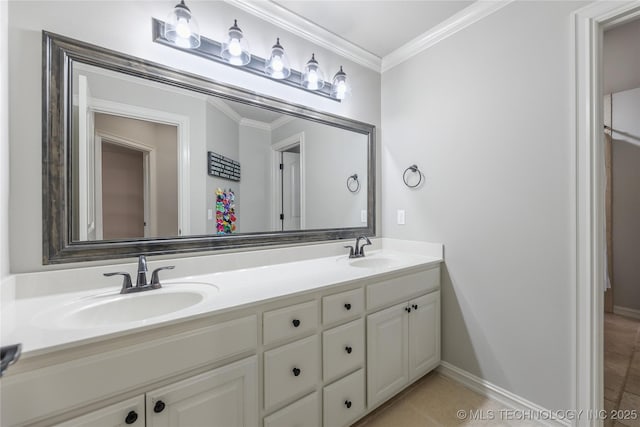19672 E 69th St N, Owasso, OK 74055 - bathroom with crown molding, baseboards, double vanity, and tile patterned floors