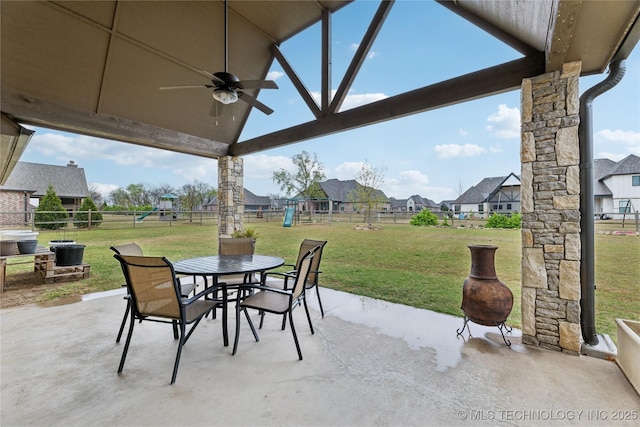 19672 E 69th St N, Owasso, OK 74055 - view of patio featuring a playground, a ceiling fan, outdoor dining space, and a residential view