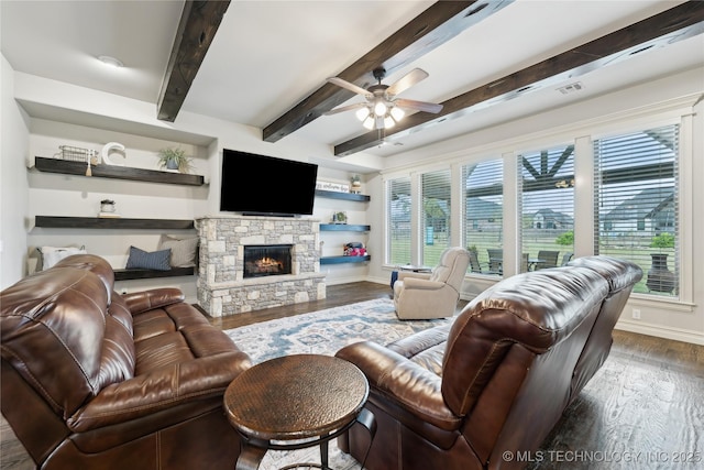19672 E 69th St N, Owasso, OK 74055 - living area with dark wood-type flooring, ceiling fan, baseboards, beamed ceiling, and a fireplace
