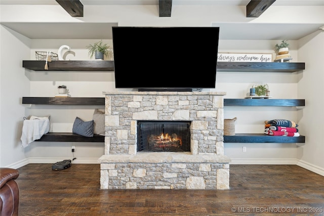 19672 E 69th St N, Owasso, OK 74055 - detailed view of wood finished floors, baseboards, and a fireplace