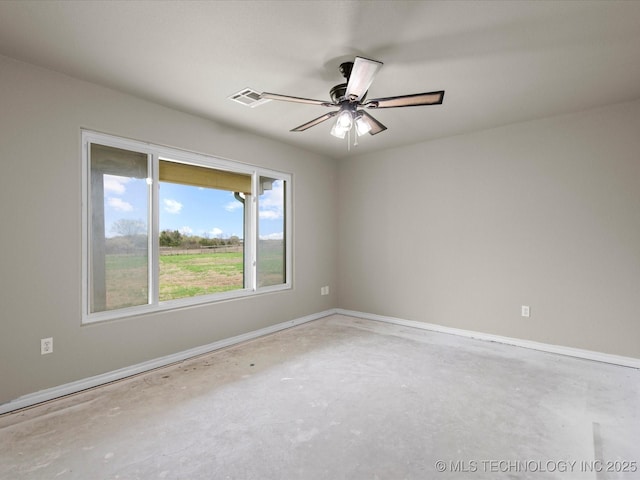 unfurnished room featuring baseboards, concrete floors, ceiling fan, and visible vents