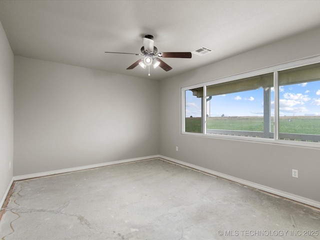 empty room featuring unfinished concrete flooring, baseboards, visible vents, and a ceiling fan