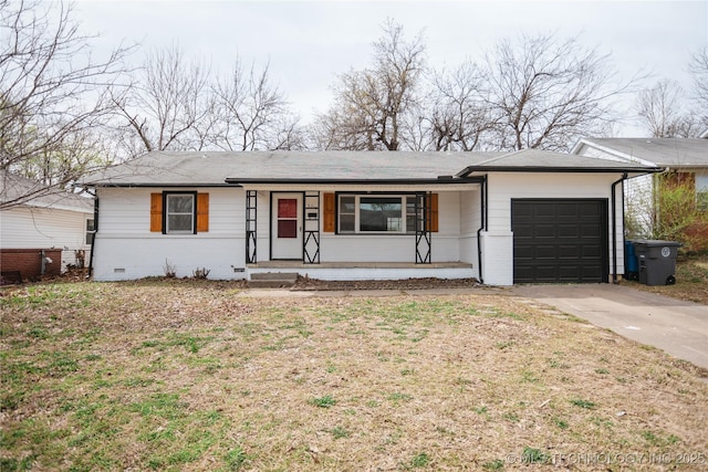 5760 E 29th St, Tulsa, OK 74114 - single story home with an attached garage, concrete driveway, covered porch, and a front yard
