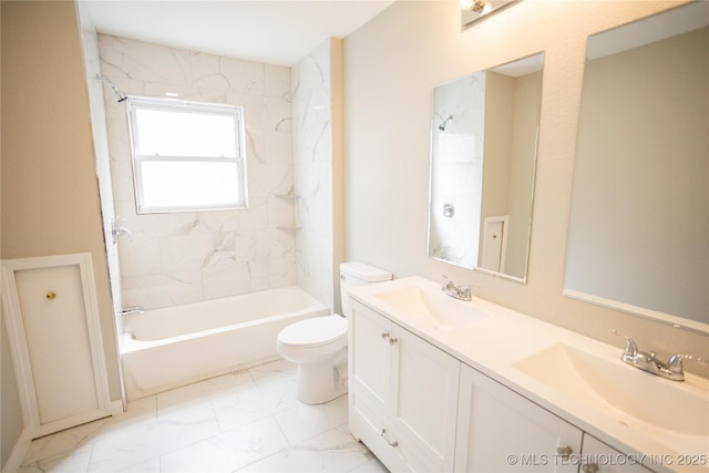 5760 E 29th St, Tulsa, OK 74114 - bathroom with marble finish floor, a sink, toilet, and double vanity