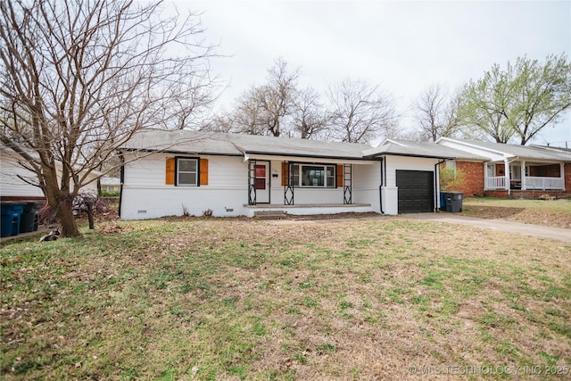 5760 E 29th St, Tulsa, OK 74114 - ranch-style house featuring a porch, driveway, a garage, and a front lawn