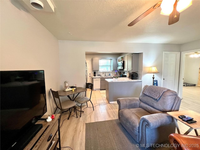 429937 E 1159th Rd, Porum, OK 74455 - living area featuring ceiling fan, light wood-style floors, and a textured ceiling