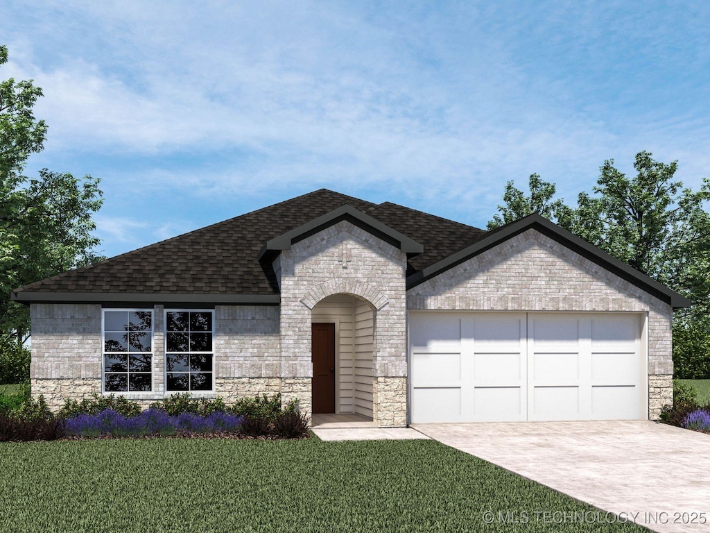 13460 S 102nd E Ave, Bixby, OK 74014 - french provincial home featuring stone siding, a shingled roof, concrete driveway, and a front yard