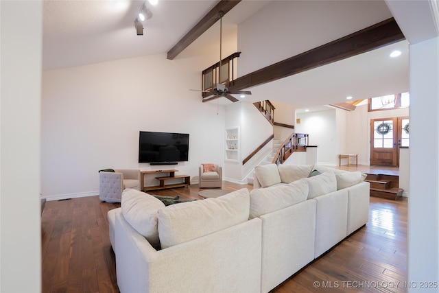 living area featuring stairs, dark wood finished floors, baseboards, ceiling fan, and recessed lighting