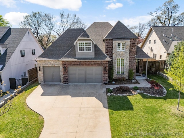 3528 S Wheeling Ave, Tulsa, OK 74105 - view of front facade with concrete driveway, brick siding, a garage, a shingled roof, and stone siding