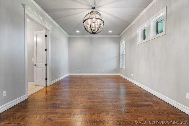 3528 S Wheeling Ave, Tulsa, OK 74105 - spare room featuring ornamental molding, a chandelier, recessed lighting, and wood finished floors