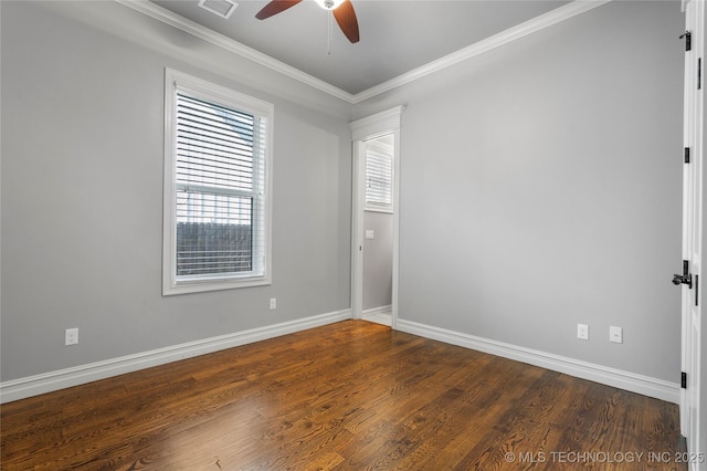 3528 S Wheeling Ave, Tulsa, OK 74105 - unfurnished room with a ceiling fan, ornamental molding, and dark wood-type flooring