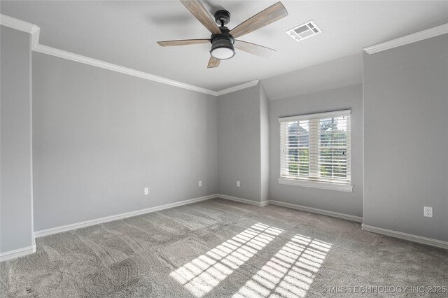 3528 S Wheeling Ave, Tulsa, OK 74105 - empty room with carpet floors, crown molding, a ceiling fan, and lofted ceiling