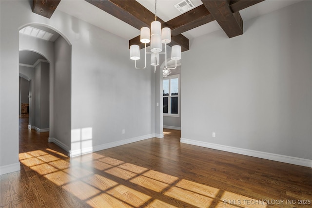 3528 S Wheeling Ave, Tulsa, OK 74105 - unfurnished room featuring wood finished floors, beam ceiling, arched walkways, and a chandelier