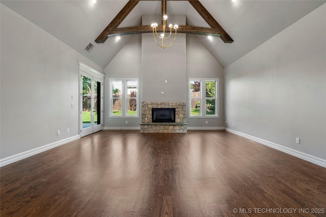 3528 S Wheeling Ave, Tulsa, OK 74105 - unfurnished living room featuring high vaulted ceiling, a chandelier, beam ceiling, a stone fireplace, and dark wood-style flooring