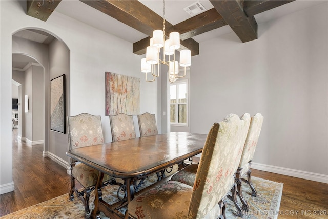 3528 S Wheeling Ave, Tulsa, OK 74105 - dining area featuring wood finished floors, a chandelier, beamed ceiling, and arched walkways
