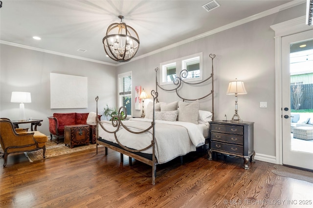 3528 S Wheeling Ave, Tulsa, OK 74105 - bedroom featuring a chandelier, dark wood finished floors, ornamental molding, access to outside, and recessed lighting