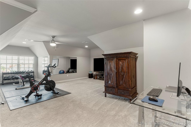 3528 S Wheeling Ave, Tulsa, OK 74105 - exercise area with lofted ceiling, light carpet, ceiling fan, and recessed lighting