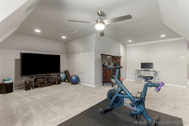 3528 S Wheeling Ave, Tulsa, OK 74105 - workout room with carpet floors, ceiling fan, recessed lighting, and ornamental molding