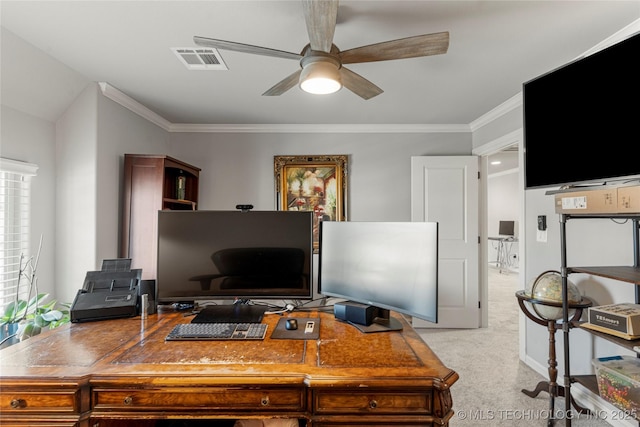 3528 S Wheeling Ave, Tulsa, OK 74105 - office with a ceiling fan, crown molding, and light carpet