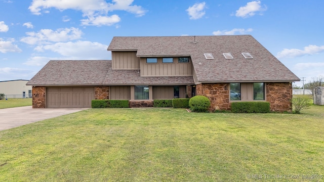 13542 N 155th E Ave, Collinsville, OK 74021 - view of front of home with stone siding, concrete driveway, a garage, and a front lawn